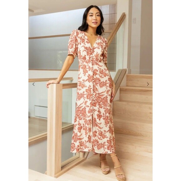 Bohme Tiered Button Midi Dress XS Boho Prairie Short Sleeve Cottagecore Feminine - Picture 3 of 16